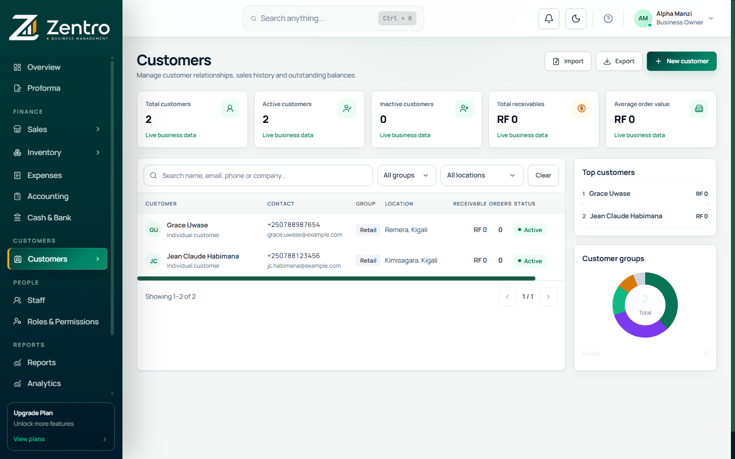 Real screenshot of the Zentro Customers screen
