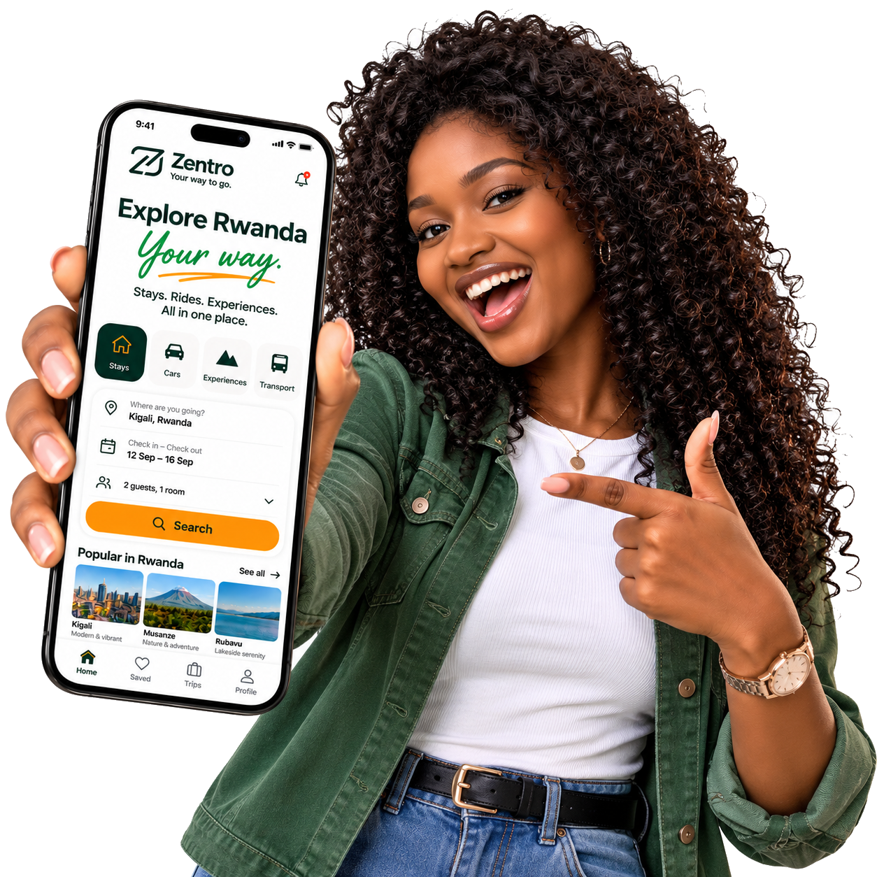 A smiling woman pointing at the Zentro Travel app on her phone, showing Explore Rwanda Your Way with stays, cars, experiences and transport