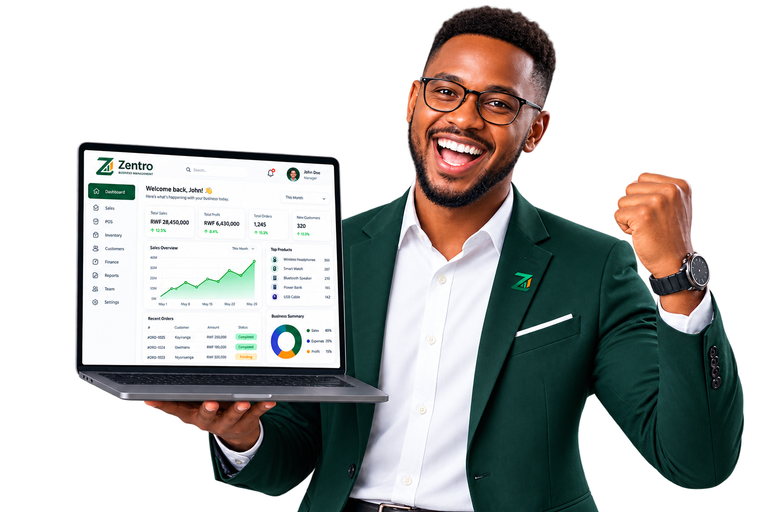 A business owner smiling while reviewing their Zentro dashboard on a laptop